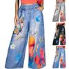 Women Casual Wide Leg Pants Floral Print Elastic Waistband Loose Fit Straight Leg Denim Look Trousers for Everyday Wear