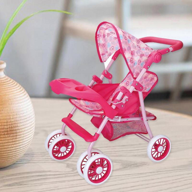 Kinder Rollenspiel Baby Kinderwagen Schiebewagen für Kinder mit Eisenrahmen Herzmuster Rollenspielzubehör