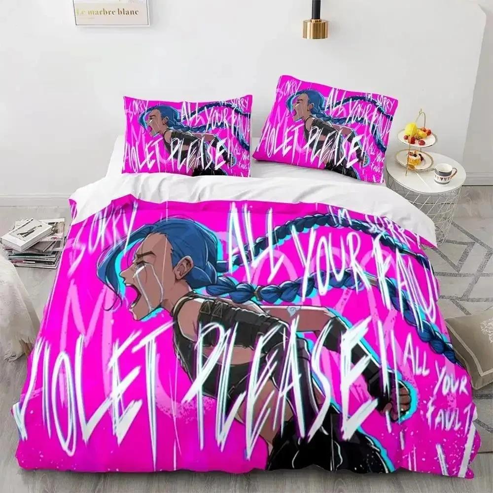 Anime League of Legends Jinx Bettwäsche-Set Einzelbett Twin Full Queen King Size Bettset Erwachsene Kinder Schlafzimmer Bettbezug-Sets Spiel Anime