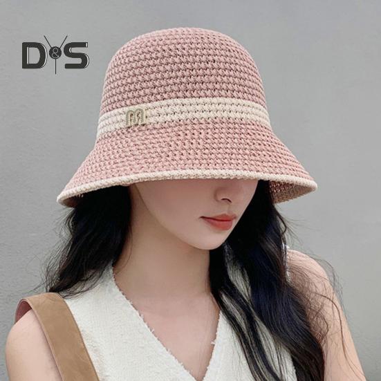 Summer Women Fisherman Hat Sun Protection Anti-UV Foldable Straw Hat Letter Decor Breathable Portable Camping Beach Travel Gardening Sun Cap