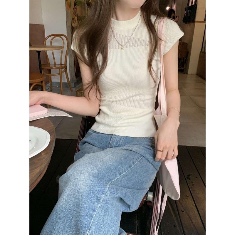 Knitted Short-sleeved Summer Slim-fitting Right-shoulder Fashionable and Versatile Thin Top with Design