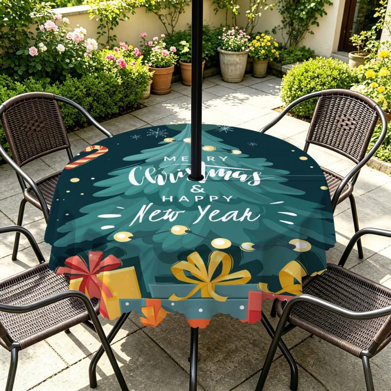 Outdoor Christmas Tablecloth Round Waterproof Oil-Resistant Patio Table Cover Garden Deck Umbrella Hole