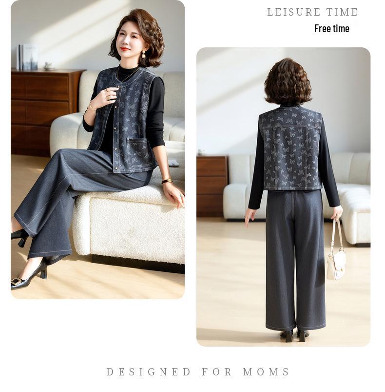 Korean Style Autumn Fashion Set: Middle-Aged Women's Casual Three-Piece Outfit Featuring Top, Wide-Leg Pants, and Vest.