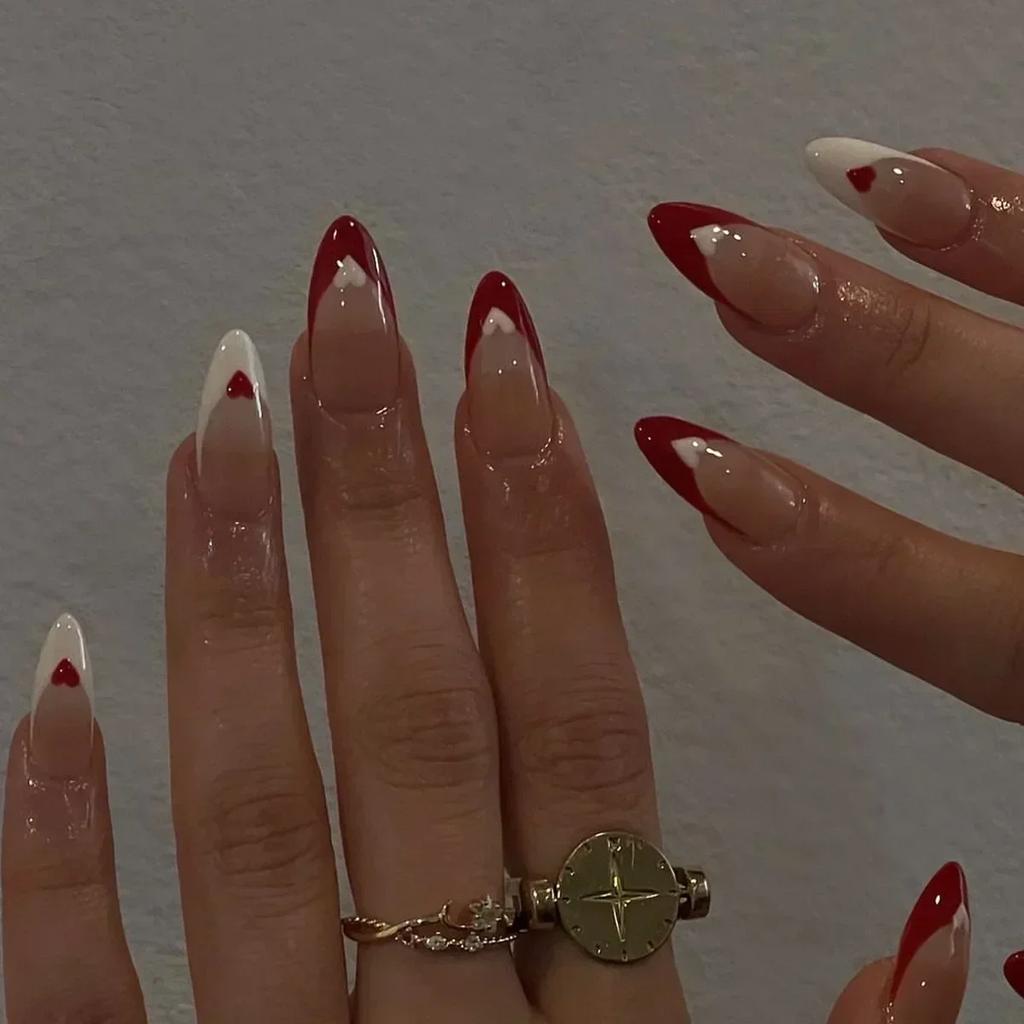 24 Stück Weinrot Mandel Künstliche Nägel Mit Kleber Einfaches Design Vollabdeckung Ballett Falsche Nägel