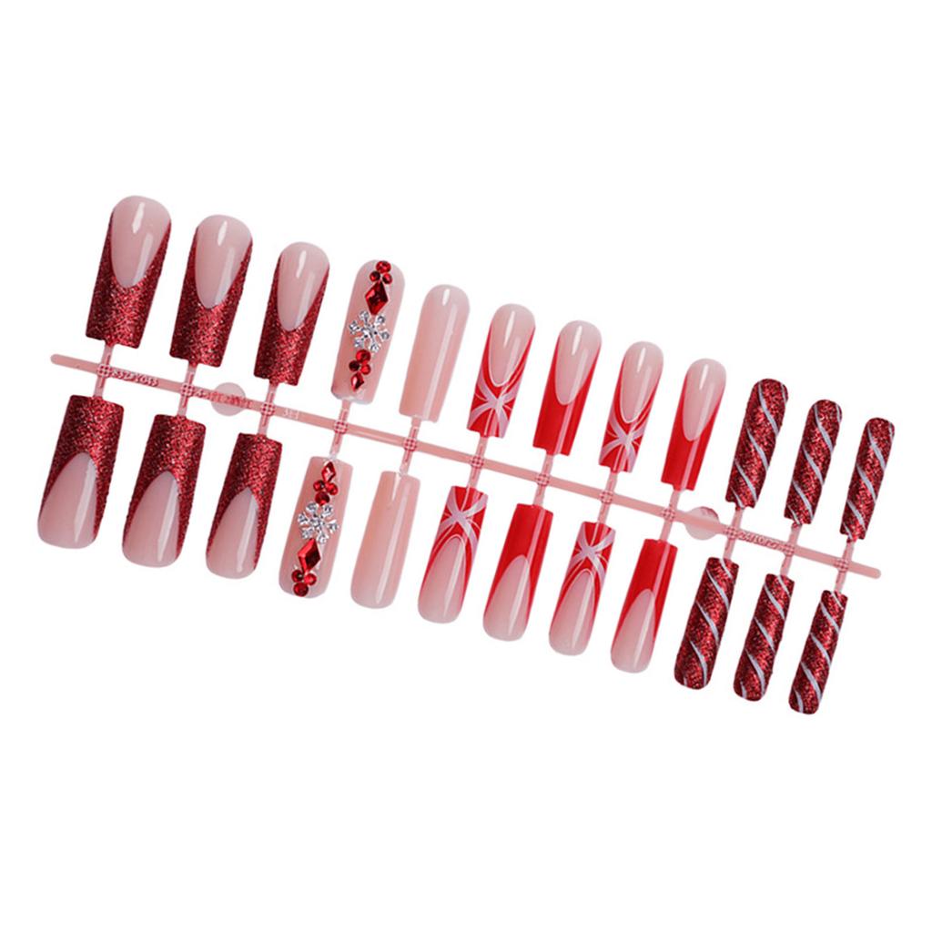 24pcs Christmas Press on Nail Square False Nail Long Acrylic Nail French Tip Winter Artificial Nail for Hliday Parties