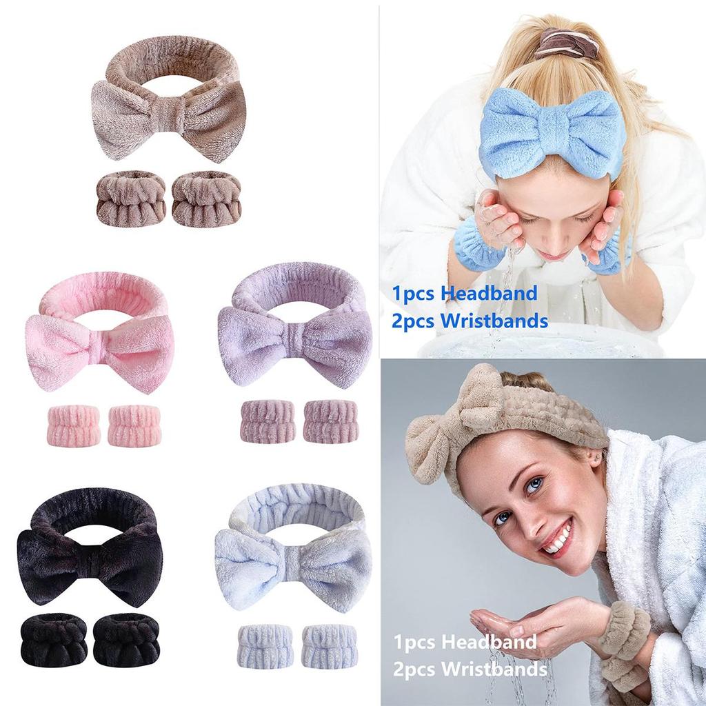 Cute Bow Headband and Wristband Set, Beauty Makeup Headband Wristband, Ladies Spa Headband for Face Washing, Makeup Headband, Skincare Headband