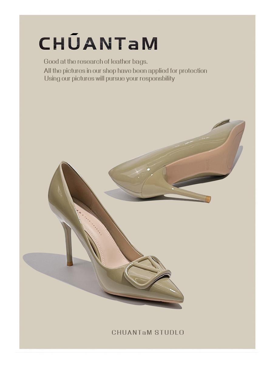 

Versatile 9CM Patent Leather Stiletto Heels with V Buckle for Women 2024 38