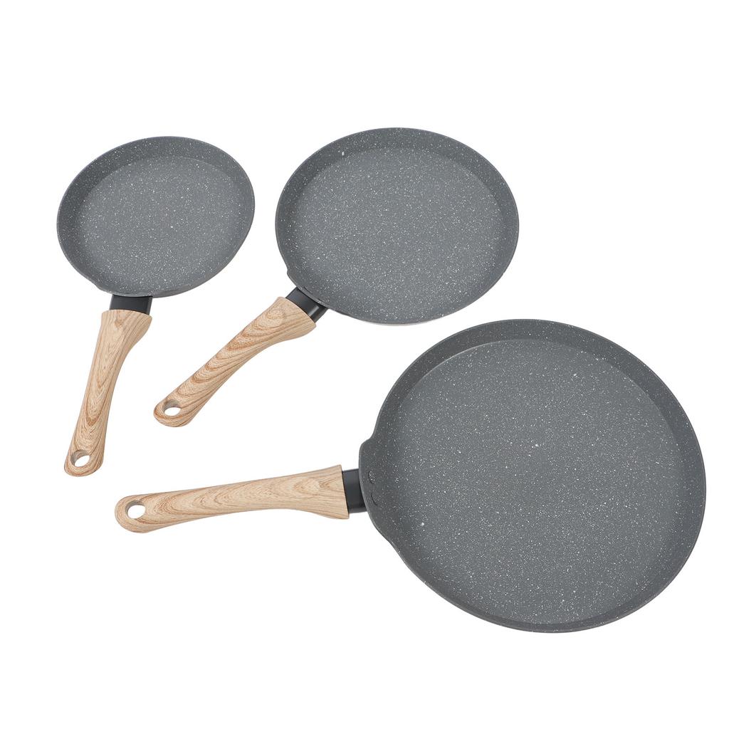 3PCS Frying Pan Set Grey 3 Sizes Multifunctional Maifan Stone Anti Stick with Wooden Handle Pancake 