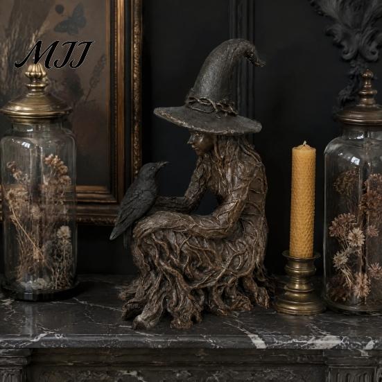 Crow Witch Sculpture Halloween Tree Statue, Gothic Resin Figurine, Fantasy Art Collectibles Dark Enchanting Ornament, Holiday Party Supplies
