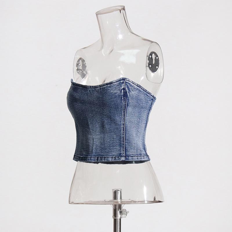 Spring 2025 European & American Sexy Washed Denim Zipper Tube Top