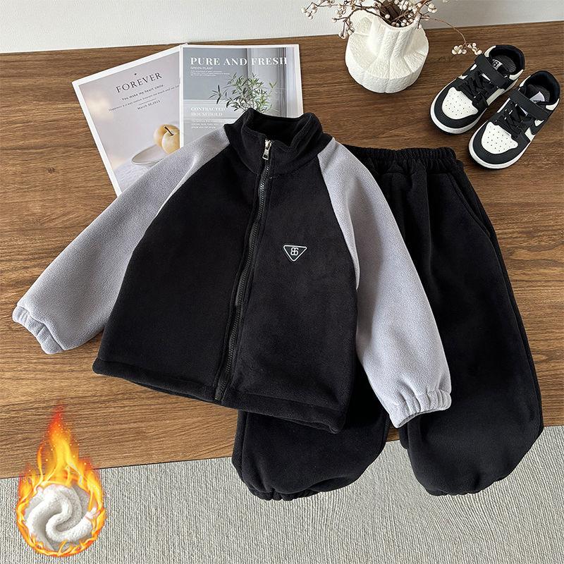 Winter Fleecegefüttertes Farbblock-Zip-Up-Set für mittelgroße und große Jungen und Mädchen