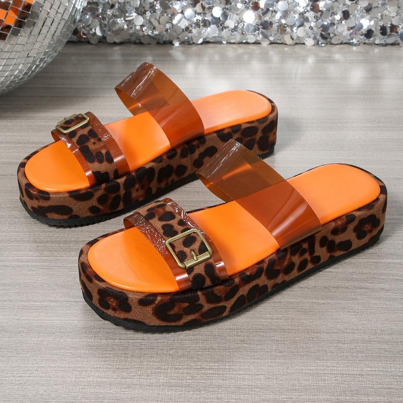 

Летние новые ретро леопардовые шлепанцы на танкетке, женская пляжная обувь, сандалии на платформе, женские шлепанцы 43