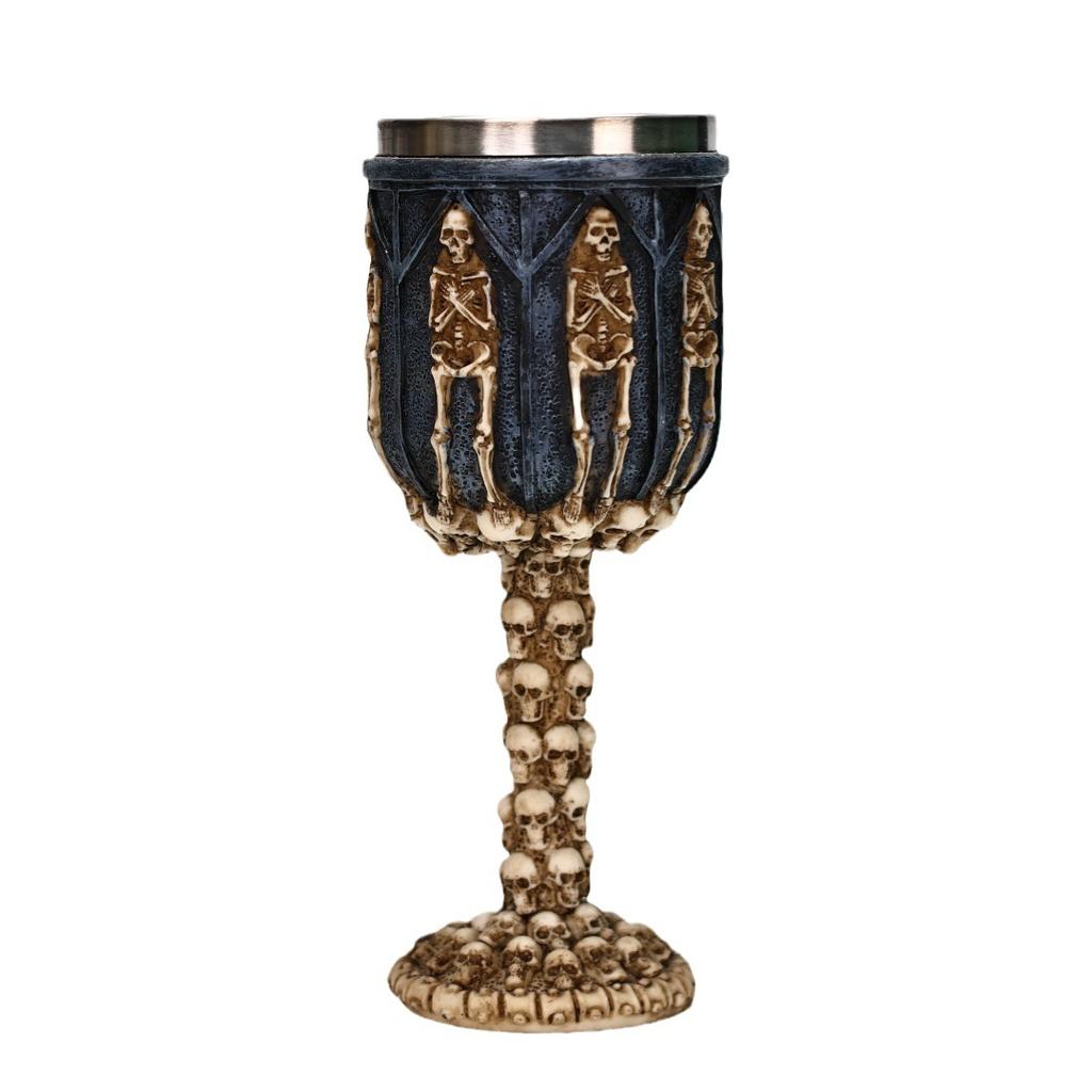 Gothic Skull Wine Goblet with Stainless Steel Beer Cup Intricate Skeleton Design. Ideal for Halloween Gothic Home Decor