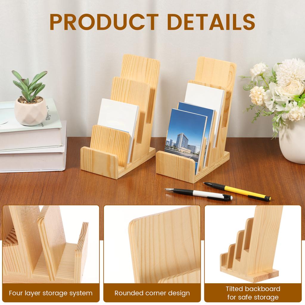 2Pcs 4 Tier Wood Brochure Display Stand Countertop Pamphlet Storage Holder Office Desk Flyer Business Card Holder