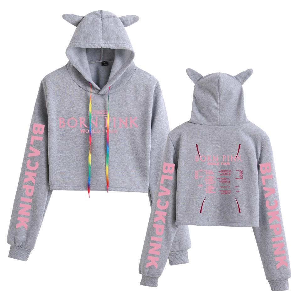 European Style Women's Cat Ear Cropped Hoodie with New Fashion Print