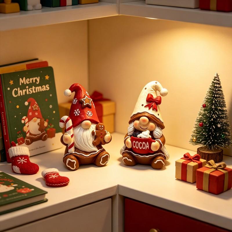Resin Christmas Gnome Couple Figurine Set Home Desktop Decor Holiday Gift Indoor Outdoor Use