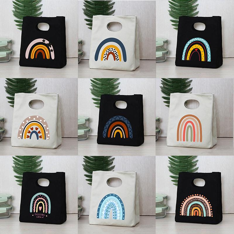 Rainbow Print Portable Lunch Bags Thermal Insulated Bento Box Tote Office Cooler School Picnic Food Storage Pouch for Women Kids