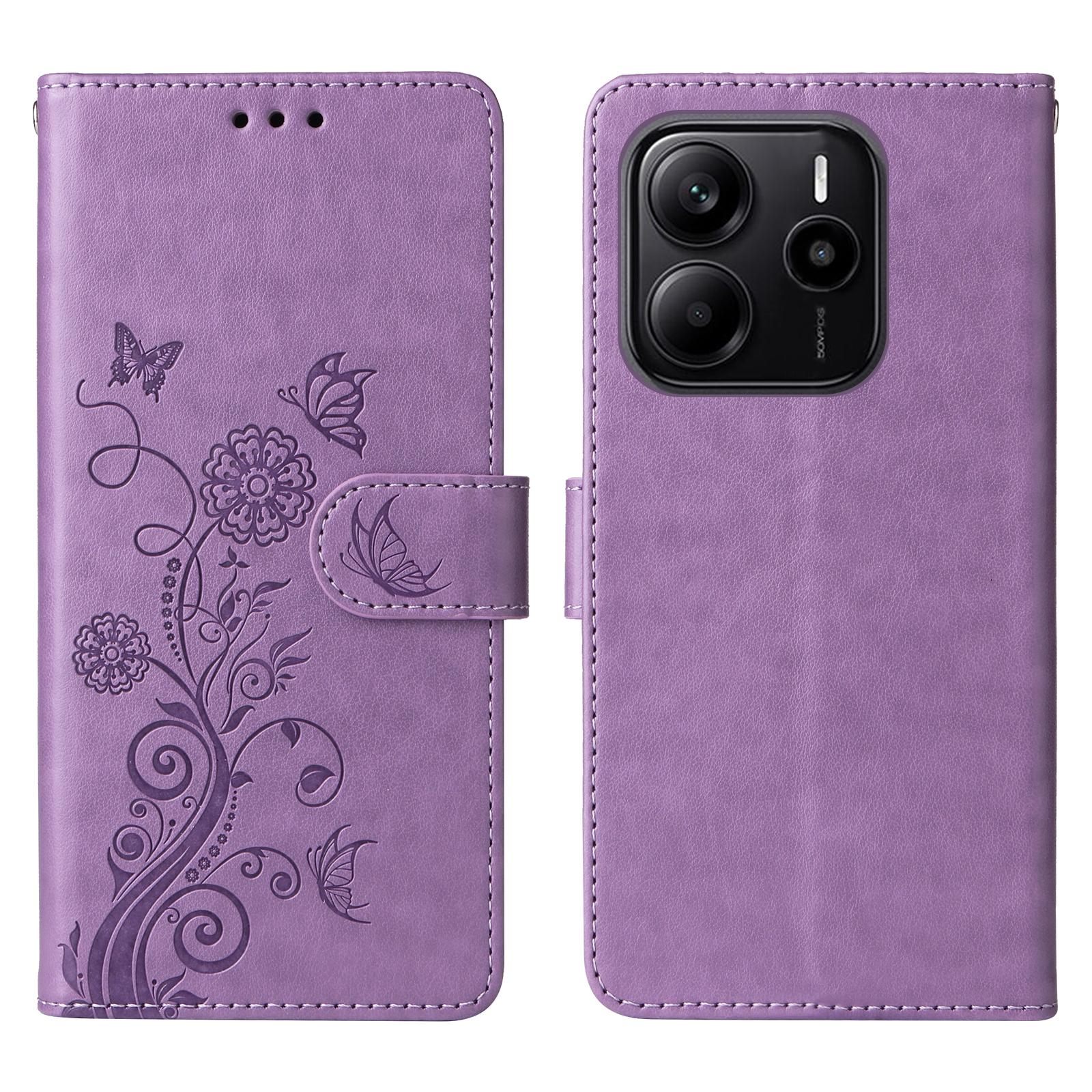 

For Xiaomi Redmi Note 14 4G (163.25x76.55x8.16mm) Case Butterfly Floral Imprint Wallet Stand Leather Phone Cover Purple