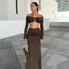 Fashion Ins New Arrival Pure Color Casual off-Shoulder Midriff-Baring Long Sleeve Tight-Fitting Cinched Sheath Dress Two-piece Set Women's Dress