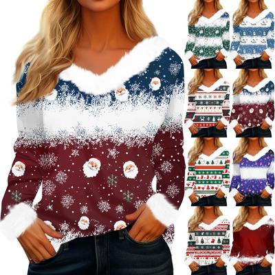 Women's Fashionable Casual V-Neck Christmas Print Long-Sleeved Top