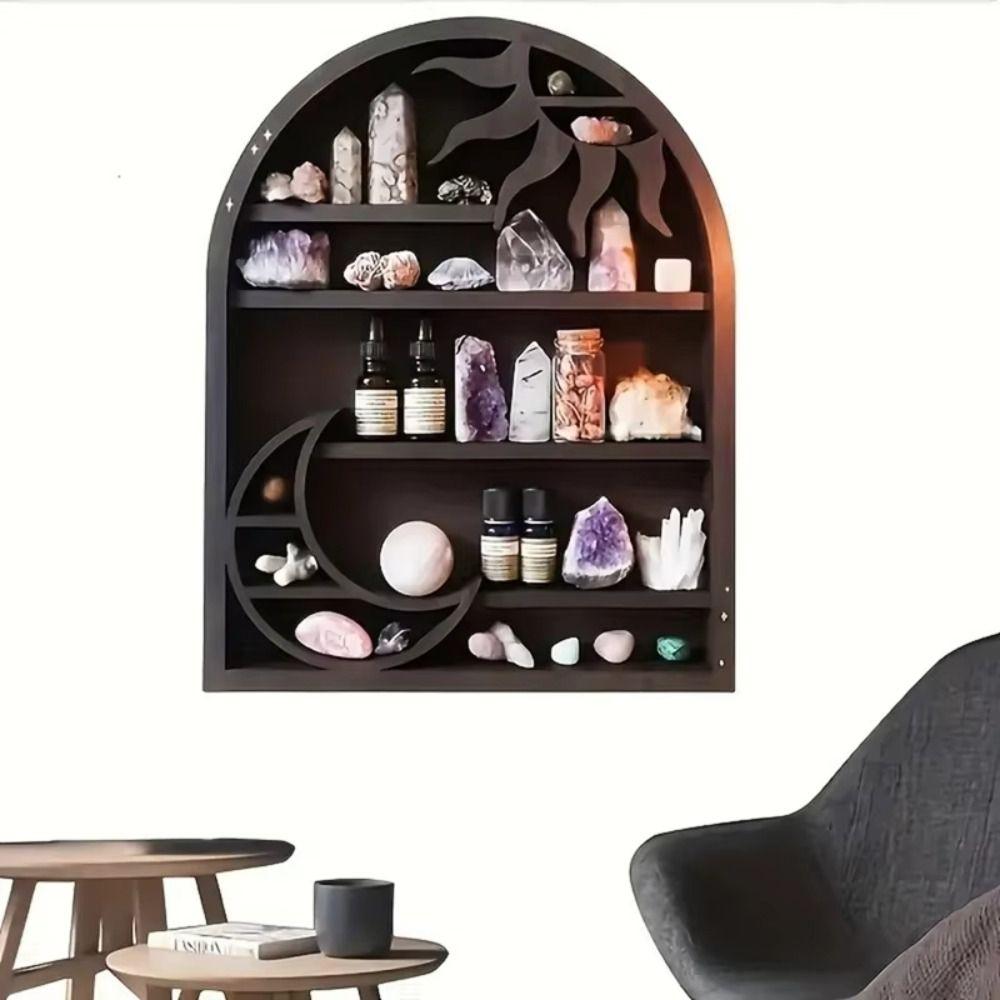 Wooden Material Wood Storage Shelf Crescent Sun Design Bohemian Style Crystal Shelf Moon Design Vintage Style Display Rack