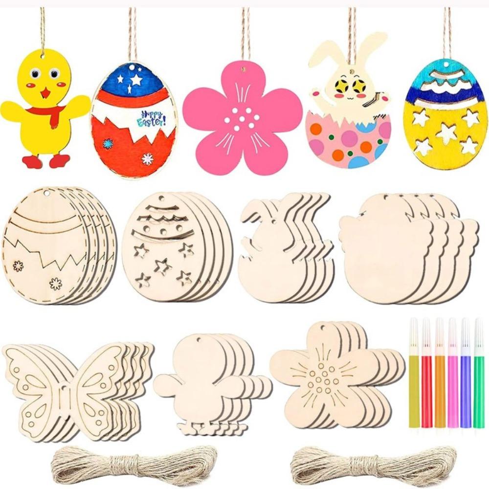 30/36/60pcs 1 Set DIY Painting Wooden Easter Pendant Rabbit Easter Egg Pendant Gift