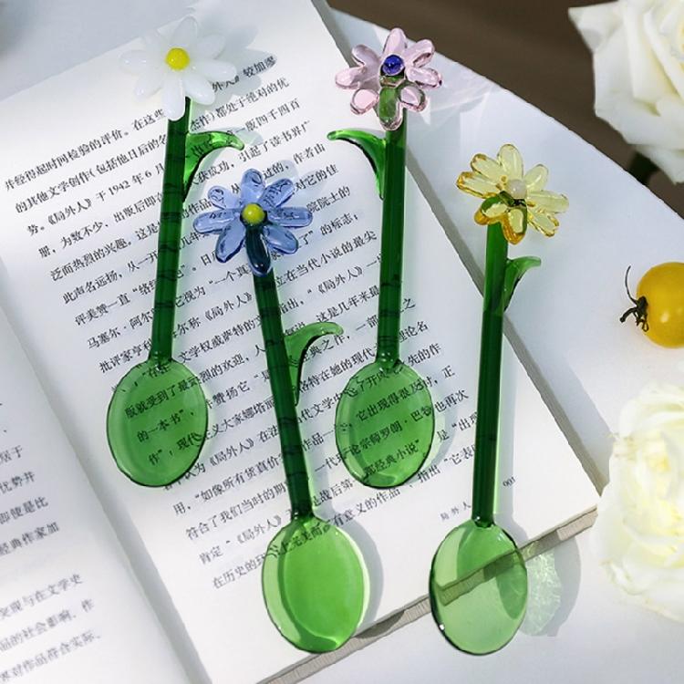 Heat Resistant Transparent Glass Stirring Spoon Artistic Flower Pattern Colored Coffee Stirrer For Hot Drink and Dessert
