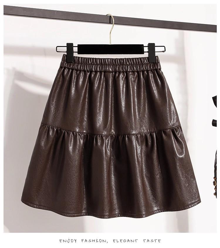 Fluffy Autumn 2025 Women's PU Leather High-Waisted A-Line Pleated Midi Skirt