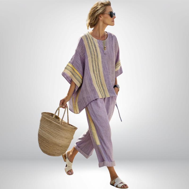 European Beautiful Women's Striped + Linen Top Summer Style Loose Version Casual Versatile Suit