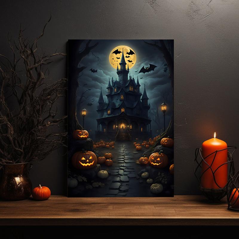 Framed Halloween Ghost Pumpkin Wrap Canvas Printed Poster Including Hanging Hardware Perfect Gift and Home Decor