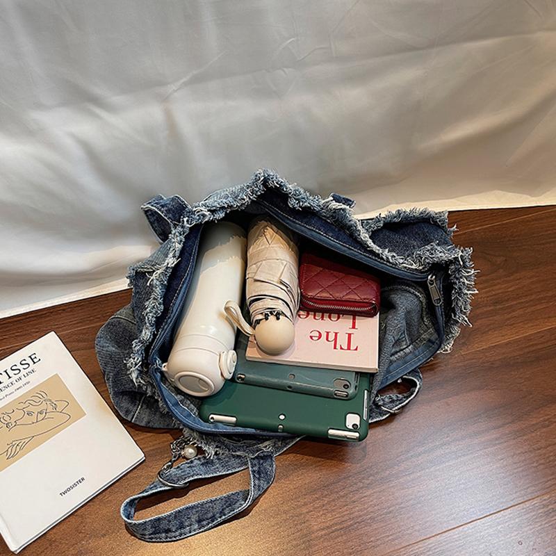 Mode Kleurverloop Ruwe Rand Denim Tote Tas Dames Veelzijdig Grote Capaciteit Ketting Handtassen Eenvoudig Werk Een Schouder Tassen CLE
