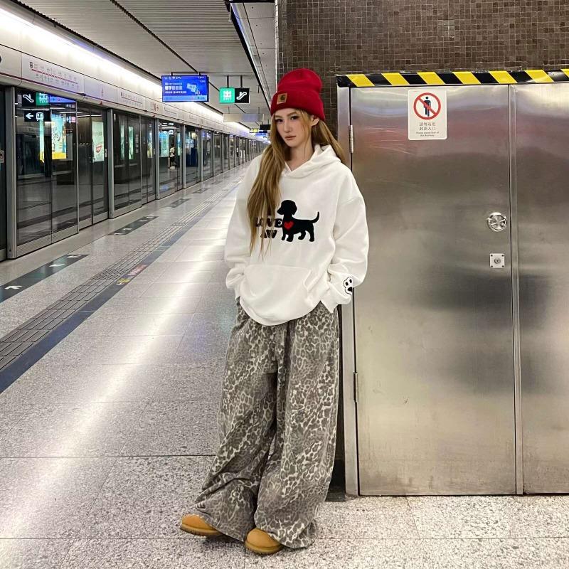 Summer New Retro Loose Versatile Silhouette Scimitar Casual Pants Washed Leopard Print Washed Denim Trousers