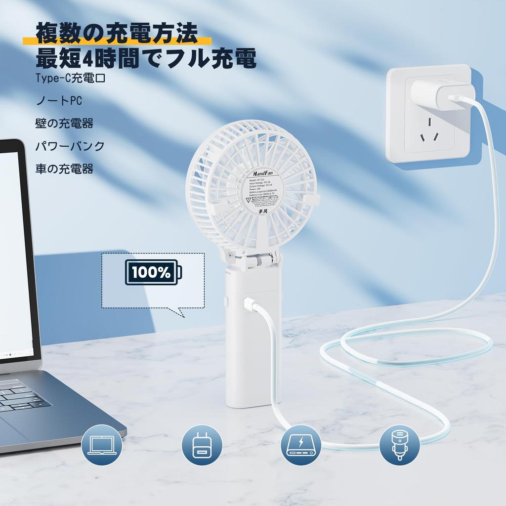 HandFan Portable Quiet 3 Tabletop 6 Heatstroke Cable Included Fan, 5200mAh, 20dB, Compact, Speeds, Clip-on, Fan, Blades, 180° Folding, Portable,