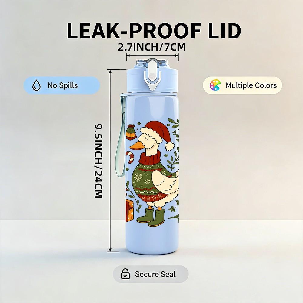 1PC Christmas Duck Holly Illustration 750ml Color Plastic Sports Water Bottle Leakproof Flip Straw Lid Suitable for Sports Office Home Use