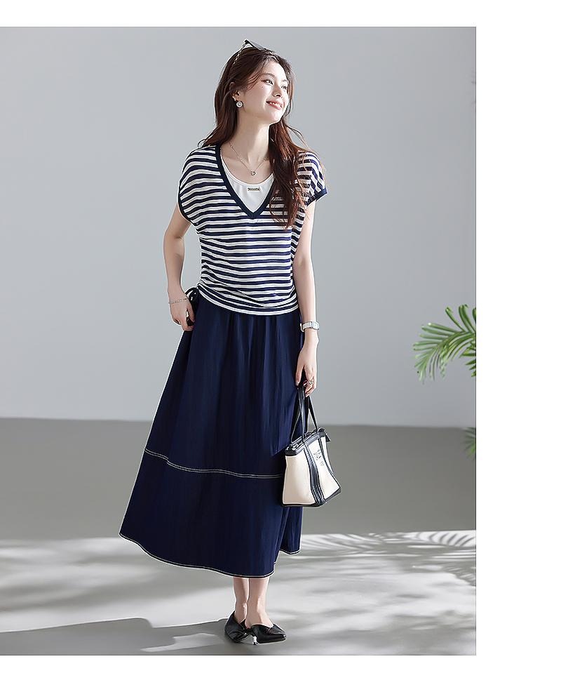 Light Oxygen Commuting Series Fake Two Piece Striped T-shirt Half Skirt Set