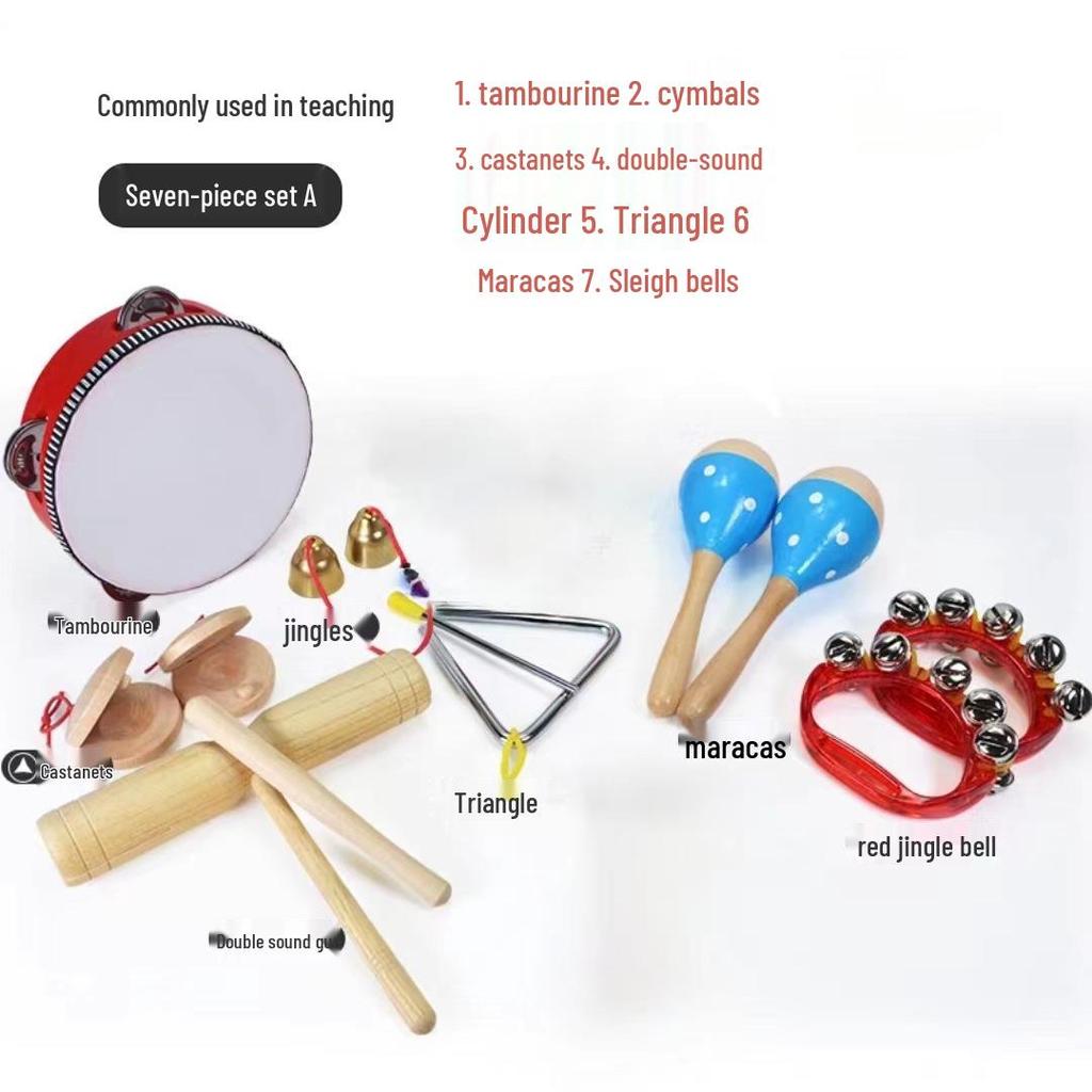 Children's Orff Percussion Instruments: Triangle, Castanets, Maracas, Tambourine, Wood Block, Cymbals