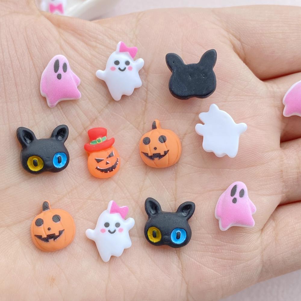 30Pcs New Cute Resin Halloween Pumpkin, Ghost, Cat Series Flat Back Ornament Jewelry Making Manicure Hairwear Accessories