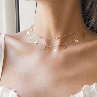 Simple Double Layer Choker Necklace for Female Fashion Short  Pendants Moon Star Clavicle Necklace French Daily Jewelry