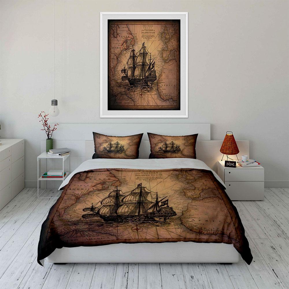 Vintage Ship & Map Design Bedding Duvet Cover Set Duvet Cover Pillowcases  (1*Duvet Cover 2*Pillowcases, Without Duvet Insert)