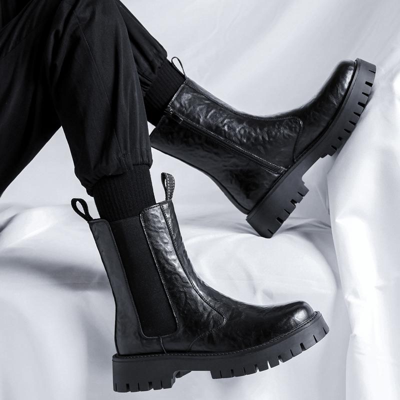British Style Mens Leisure High Chimney Boots Original Leather Platform Shoes Cowboy Chelsea Boot Cool Long Motorcycle Botas Man