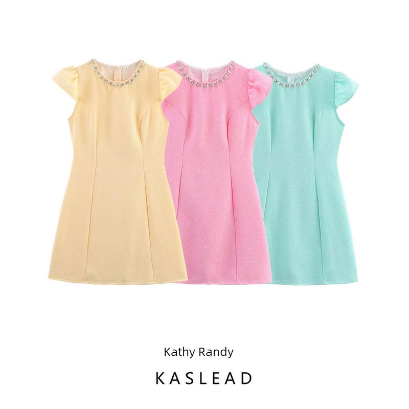 Kaslead New Women clothes Western Style Fashion Simple Heavy Industry Rhinestone Small Flying Sleeve Dress