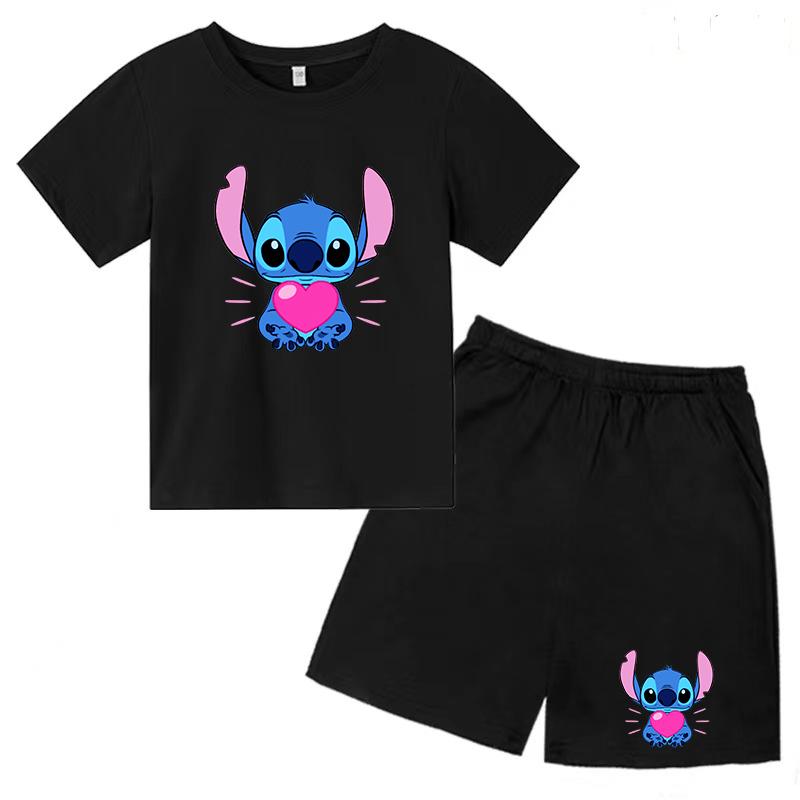 

Детская футболка Stitch Аниме 3-12 лет для мальчиков и девочек дошкольного возраста Топ+Шорты Красивый шарм для вечеринки для девочек Спортивный набор для бега и повседневной носки 150 чёрный