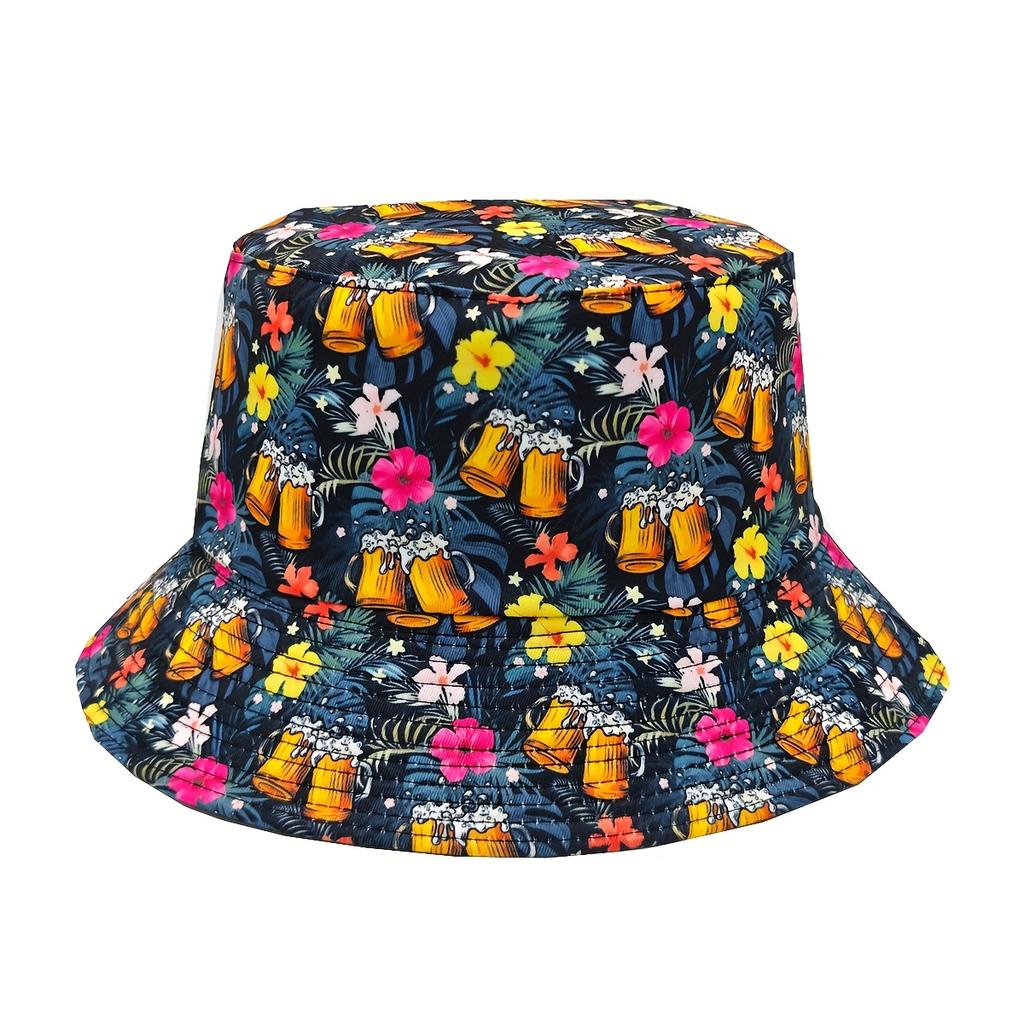 Spring-Summer Casual Floral Beer Pattern Printed Bucket Hat, Unisex Outdoor Vacation Sunshade Reversible Bucket Hat