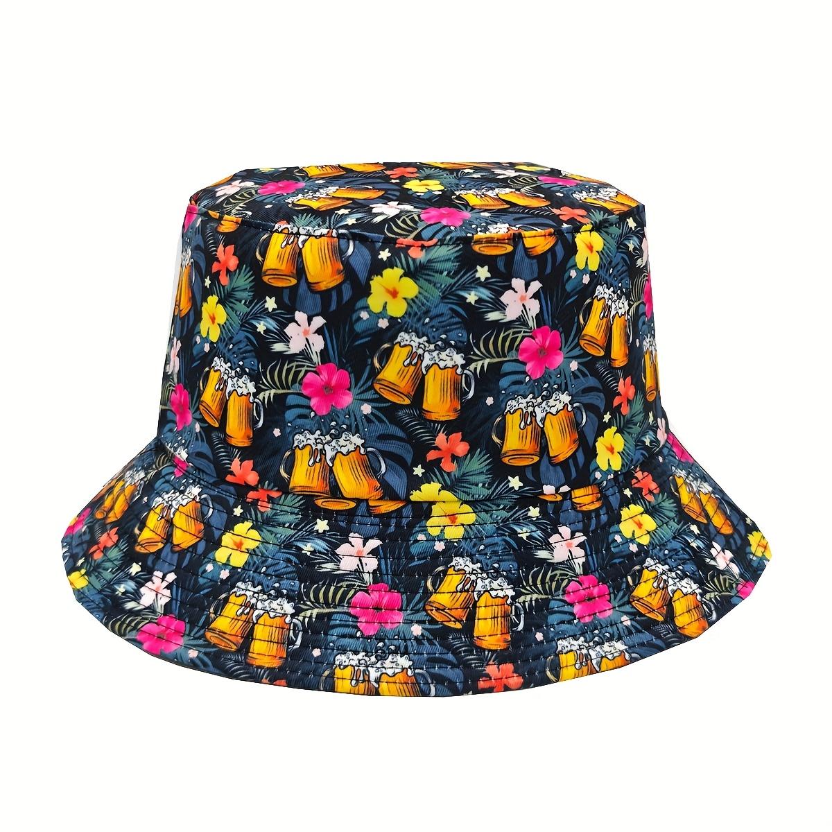Spring-Summer Casual Floral Beer Pattern Printed Bucket Hat, Unisex Outdoor Vacation Sunshade Reversible Bucket Hat