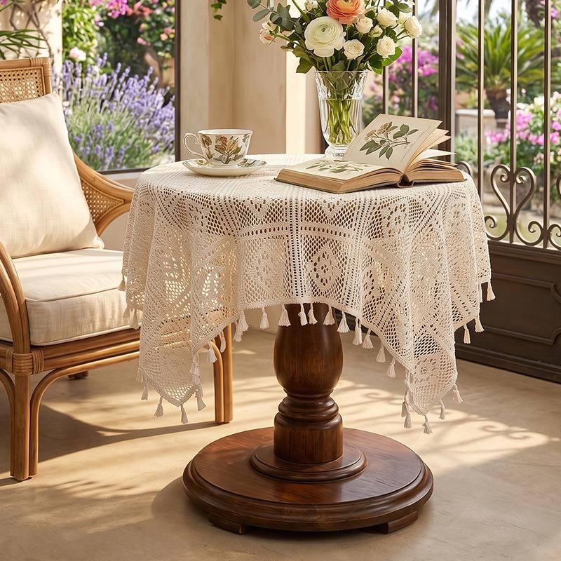 Față de masă rotundă din dantelă croșetată, stil american, antiderapantă, husă pentru masă de cafea retro, protector de dulap din poliester și bumbac rezistent la praf