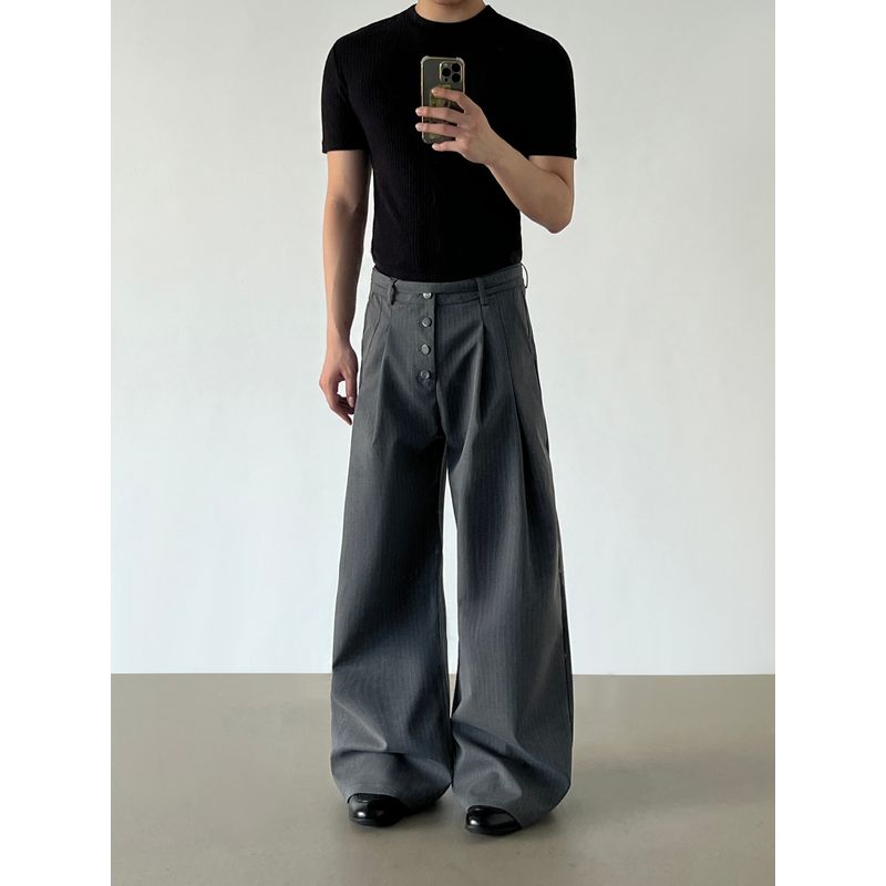 Blaexit American-Style Cleanfit Striped Black Dress Pants for Men, Straight-Leg Pleated Casual Wide-Leg Pants, A-Line Long Pants