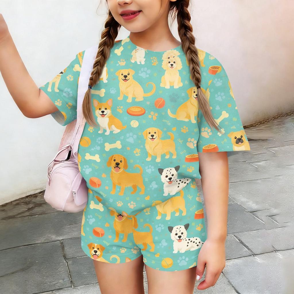 Kids Casual Two Piece Set Short Sleeve Top and Shorts Animal Pattern Lightweight Comfortable Summer Outfit for Boys and Girls