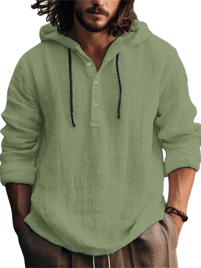 Men's Cotton Linen Hooded Sweatshirt - Casual Solid Color, Long Sleeve, Trendy Autumn Wear