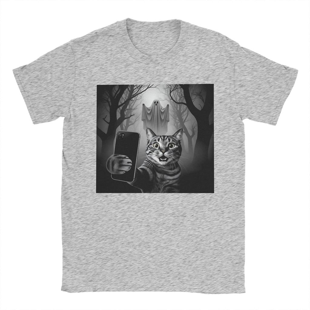 Halloween Cat Selfie with Spooky Ghost Cat Men's T Shirts Novelty Tees Short Sleeve Round Neck T-Shirts Pure Cotton 6XL Tops