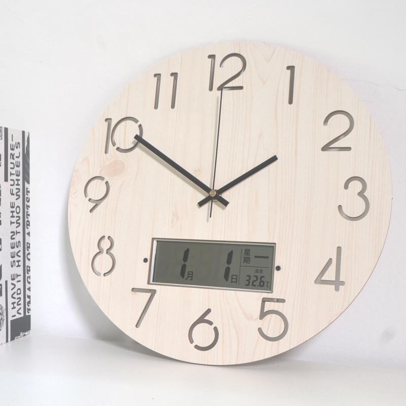 Fiber Wood Wall Clock Living Room Modern Simple and Atmospheric 14-inch 35cm Household Clock Silent Perpetual Calendar Clock Wall Watch